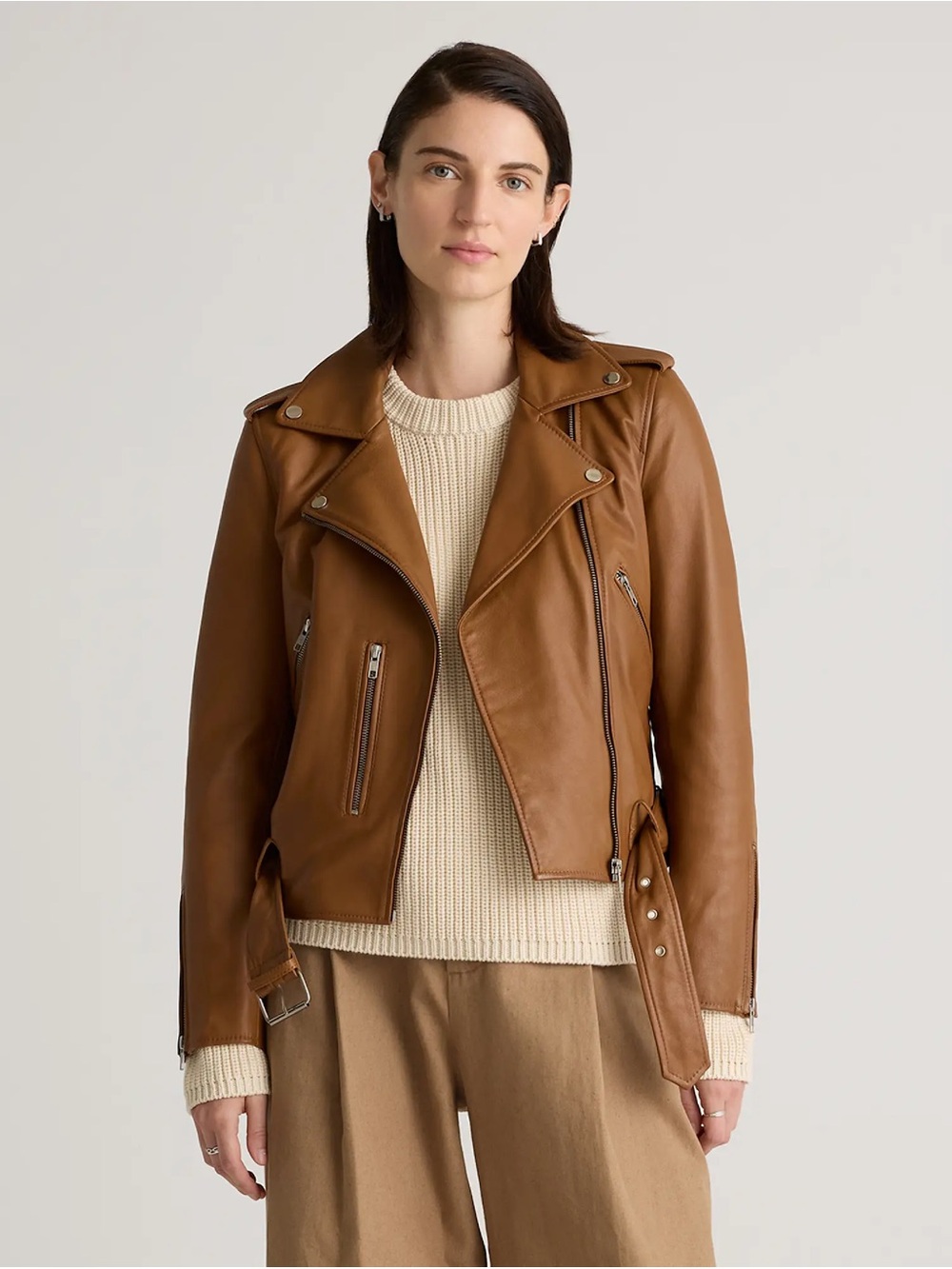 Quince Women's Cognac Brown Leather Moto Jacket with Belted Hem